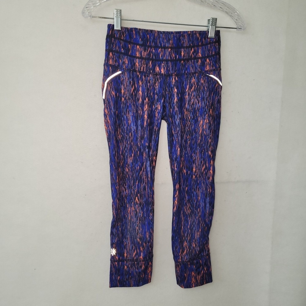 Athleta Be Free Knicker Crop Running Leggings Blue Orange Abstract Print XXS